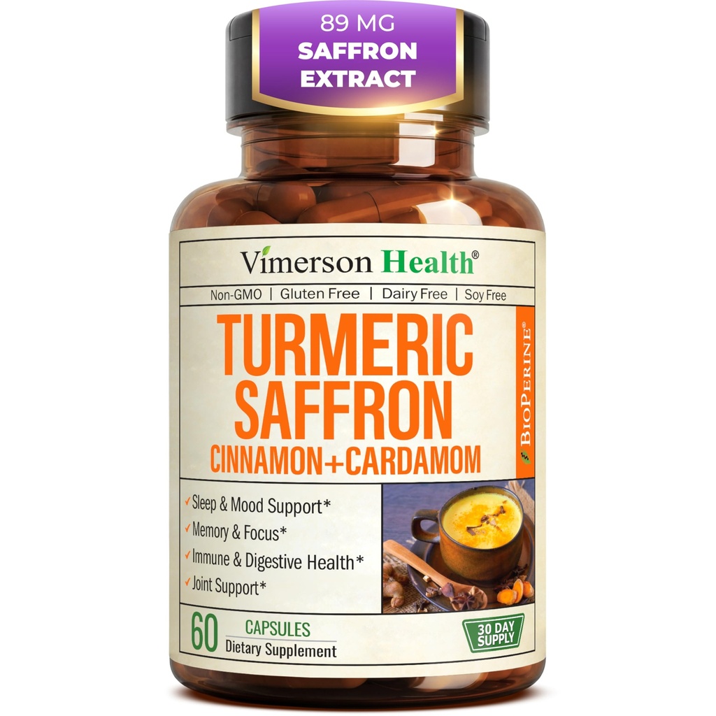 Saffron Supplements – 89 mg Saffron Ekstraksiyon ve 1000 mg Tumeric Mix – Turmeric Supplement with Ceylon Cinnamon and Cardamom for Mood, Memory & Eye Health – Ortak Supplements for Women & Men – 60 Kont