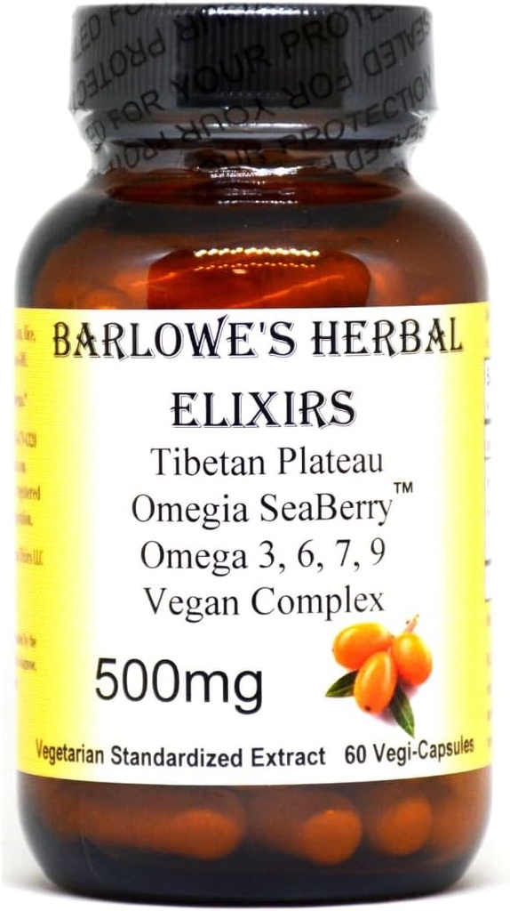 Barlowe's Herbal Elixirs Omegia SeaberryTM | Sea Buckthorn | Tamam Omega 3, 6, 7, 9 Fatty Acids | 500 mg Per Capsule | 60 Veggie Capsules | Glass Şişe | Stearate Free Free Free