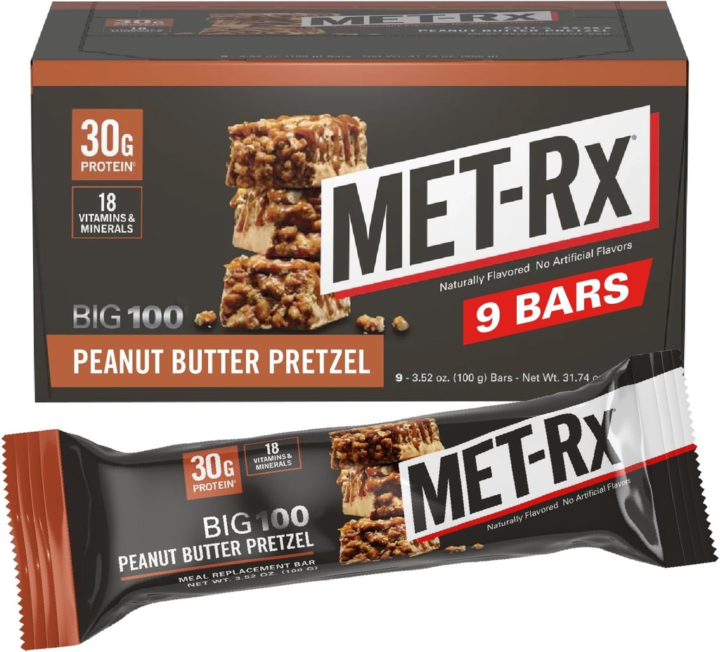 MET-Rx Big 100 Colossal Protein Bars, Great as Healthy Meal Replacement, Snack, and Help Support Energy, Φυστικοβούτυρο Pretzel, Με Βιταμίνη Α, Βιταμίνη C, και Ψευδάργυρο, 100 g, (Pack of 9)
