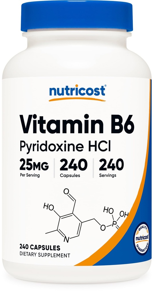 Nutricost Βιταμίνη B6 (Pyridoxine HCl) 25mg, 240 κάψουλες - Μη ΓΤΟ, Χωρίς γλουτένη και χορτοφάγους Φιλικά