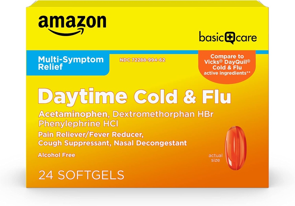 Temel Bakım Günü Zaman Soğuk ve Flu Relief Softgels, Non-Drowsy Cold Medicine, Relief of Pain, Fire, Cough, Sore Throat, Nasal Congestion, 24 Count