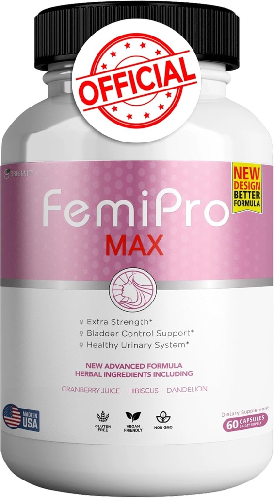 FemiPro MAX Women's Urinary Support Supplement, 60 Capsules, Ekstra Güçlü Bladder Control with Cranberry, Hibiscus, Dandelion, Vegan, Gluten Free (1)