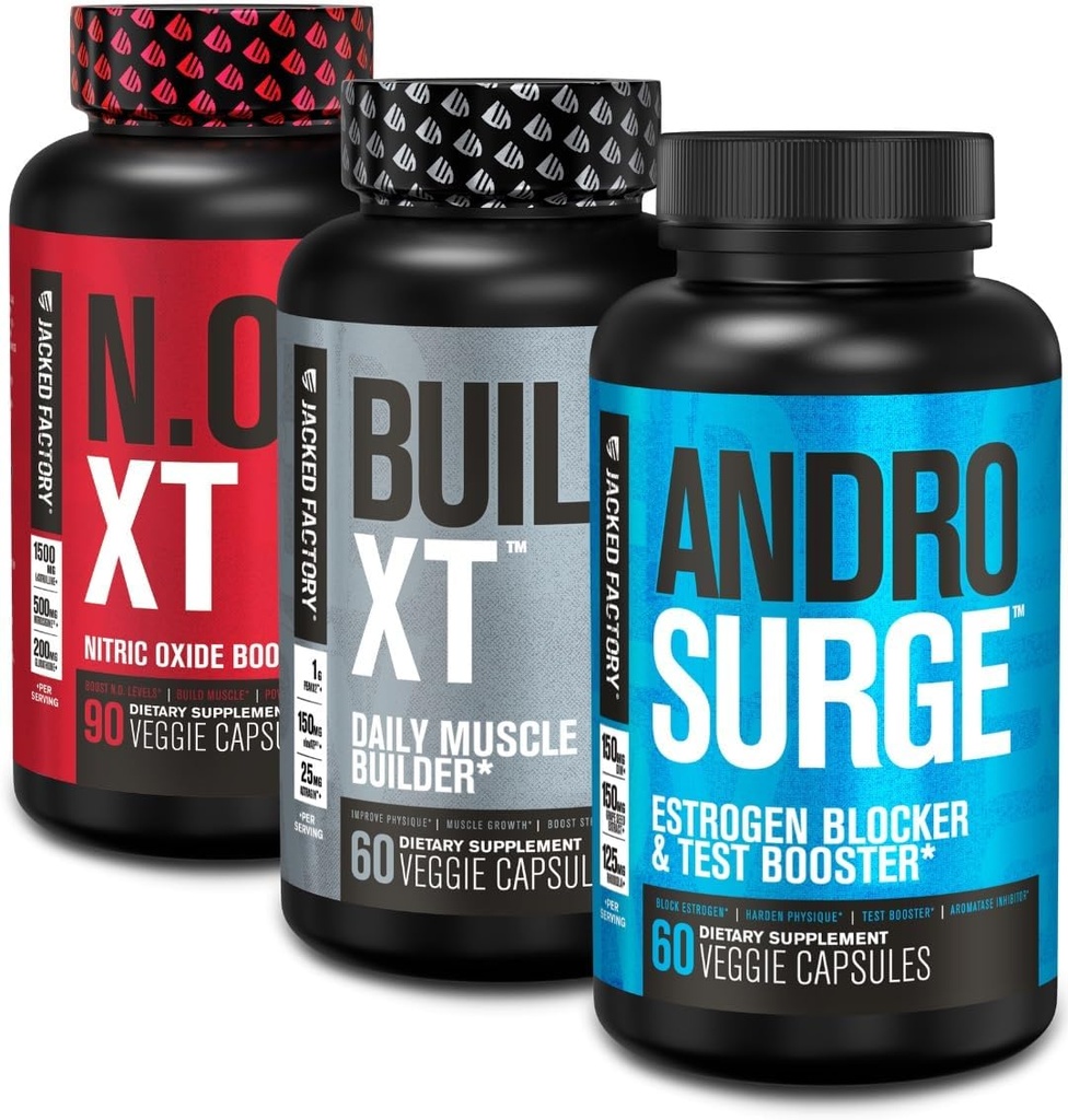 Jacked Factory N.O. XT Nitric Oksit Supplement, Build-XT Muscle Builder, & Androsurge Estrogen Blocker for Men