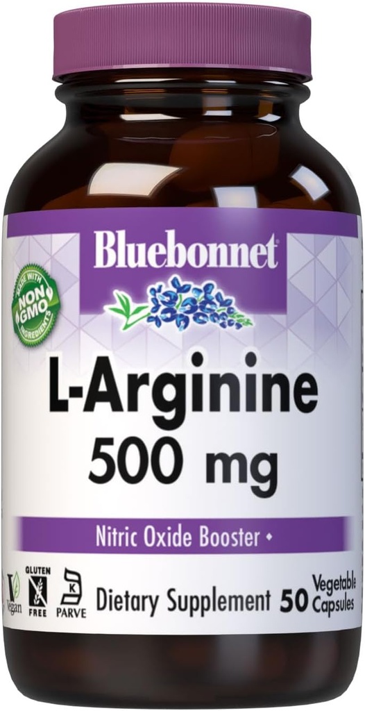 Bluebonnet Beslenme L-Arginine 500 mg, Free-Formül Asit, Nitrik Oksit Precursor, Soy-Free, Gluten-Free, Non-GMO, Kosher Sertifikalı, 50 Sebze Kapsülleri, 50 Hizmet