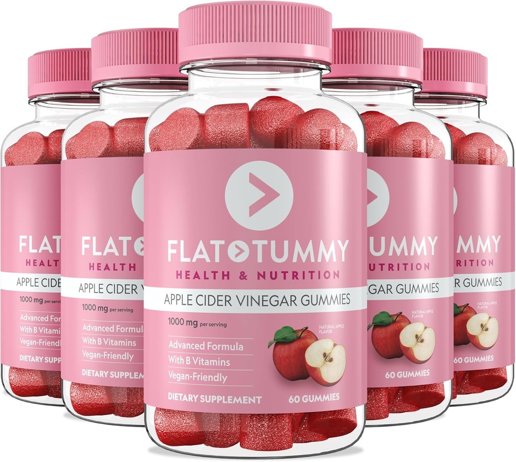 Flat Tummy Apple Cider Vinegar Gummies, 60 Count (5 Pack) – ACV Gummies, Detox, Support Gut Health – Vegan-Friendly, Non-GMO - Beet and Pomegranate Superfood Powders, Vitamins B6, B9 & B12