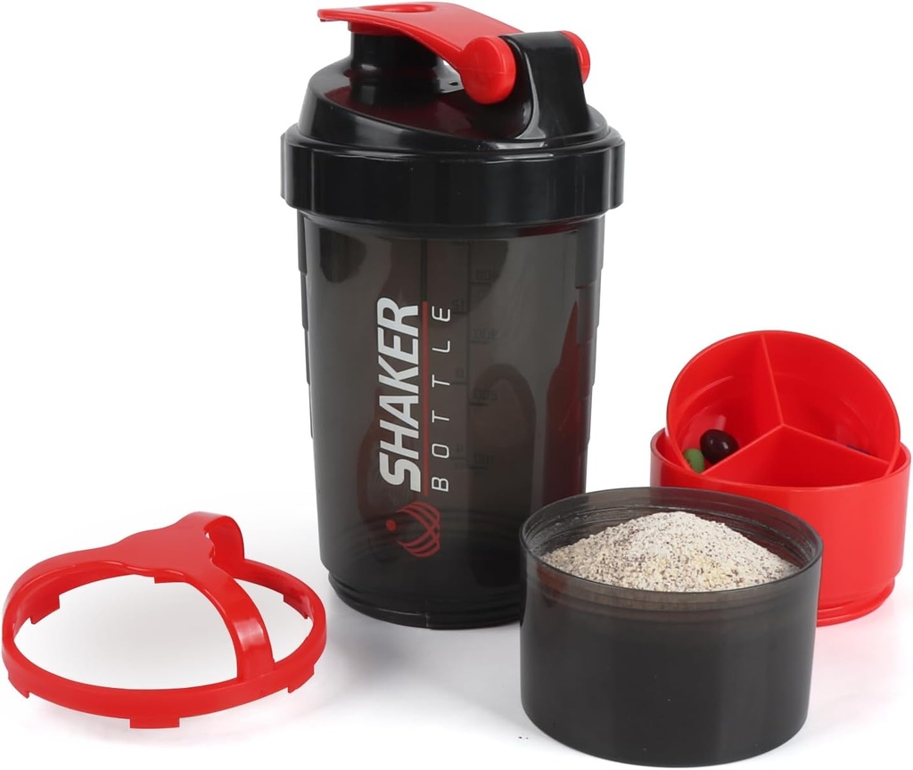 Shaker Şişe,16oz protein Shaker Şişeler, Mix Ball ile 3, 1 Leak-proof GYM Shake Cup with Toz Storage & Pill Tray, Ideal for Workout,BPA Free (Red)