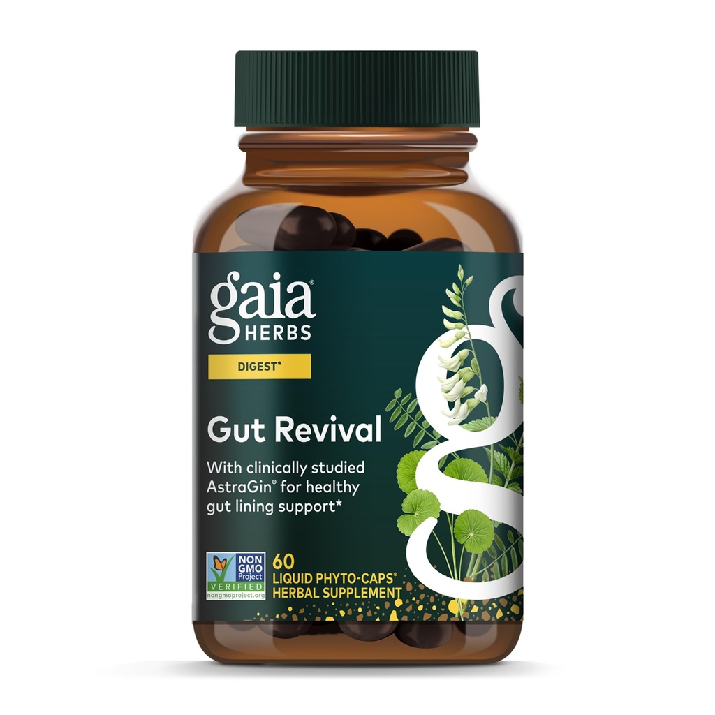 Gaia Herbs Gut Revival - Herbal Digestive Supplement to Support Gut Health - Made with Astragalus, Gotu Kola, Jujube & More - Free from Dairy, Soy & Gluten - 60 Vegan Capsules (60 Hizmet)