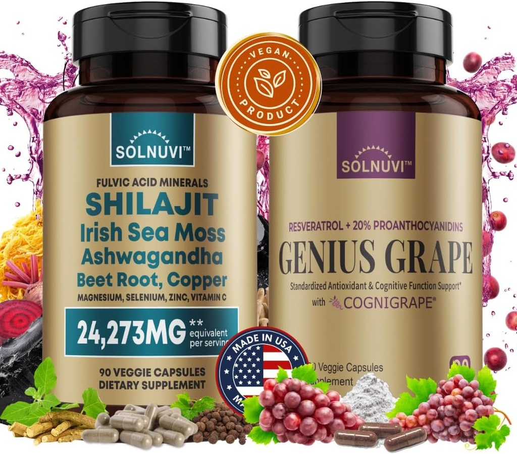 Bilişsel Wellness Sche - Resveratrol Kompleksi & Shilajit Fulvic Acid Minerals - Sea Moss, Ashwagandha, Klinik Olarak Cognigrape Red Grape Ekstraksiyonu - Non-GMO, Gluten-free, Vegan Supplement