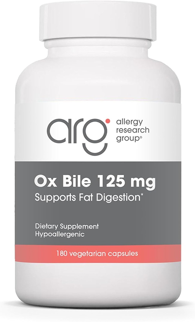 Allergy Research Group Ox Bile 125 mg - Συμπληρώματα Bile Οξειδίων για τη χοληδόχου κύστη, Digestive Ένζυμα για το ήπαρ, υποστήριξη της λιπαρότητας, για άνδρες και γυναίκες, Hypoallergenic Formula - 180 Vegicaps