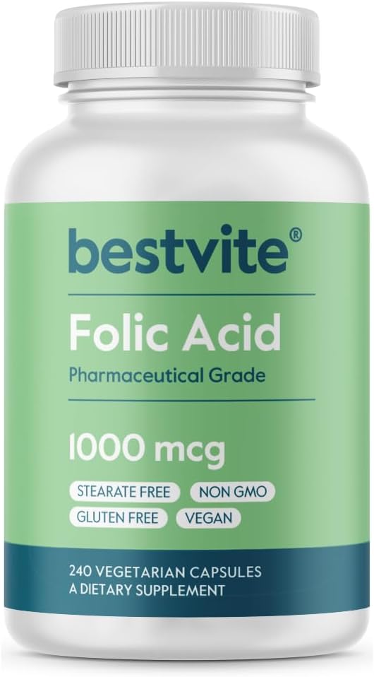 BESTVITE Φολικό οξύ 1000mcg (βιταμίνη Β9) (240 κάψουλες χορτοφάγων) - Δεν Dicalcium Phosphate - Δεν Stearates -No Dioxide πυριτίου - Μη ΓΤΟ - Χωρίς γλουτένη