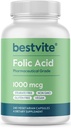 BESTVITE Folic Acid 1000mcg (Vitamin B9) (240 Vejetaryen Capsules) - No Dicalcium Phosphate - No Stearates - No Silikon Dioksi - Non GMO - Gluten Free