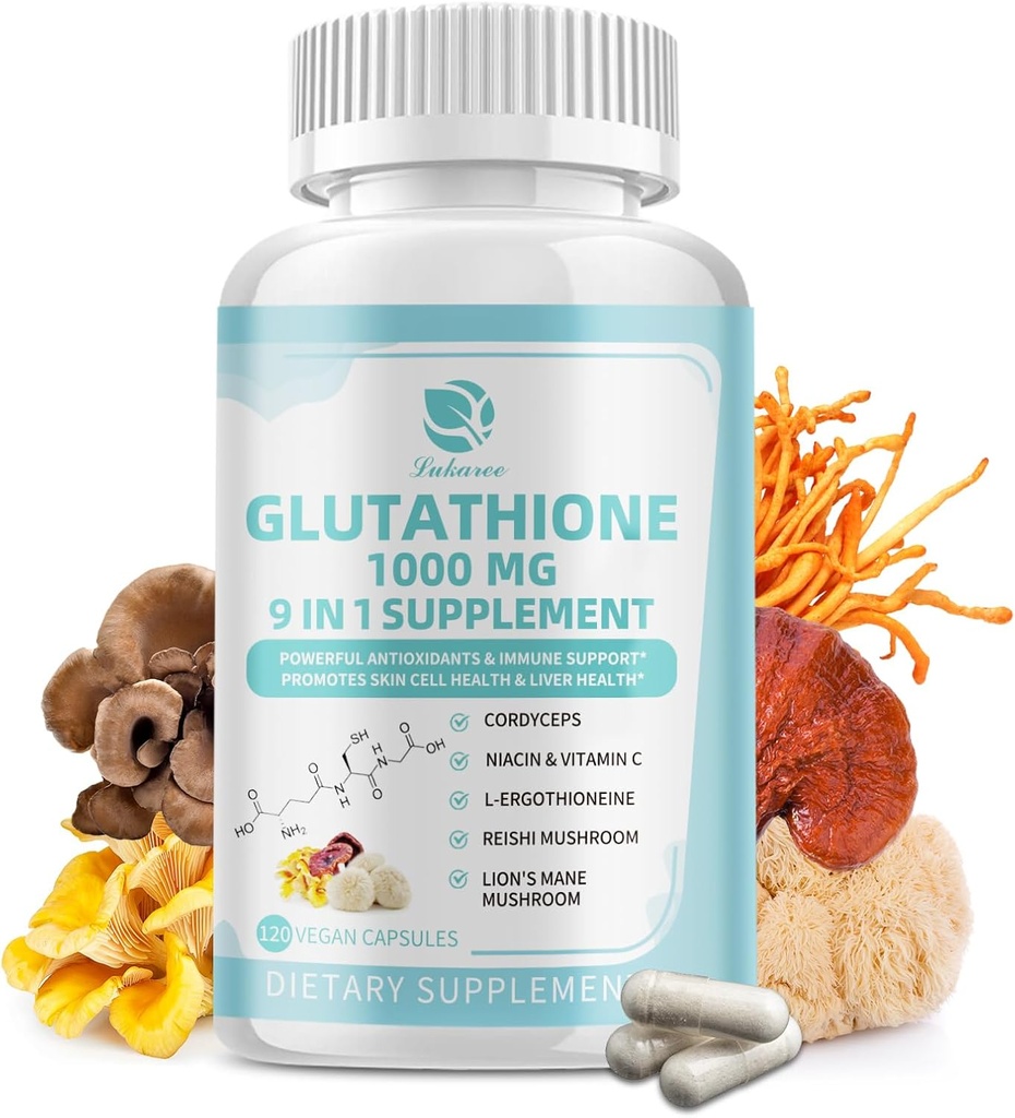 Glutathione 1000 mg, Mushroom Supplement with Vitamin C, Niacin - Liver Detox, Immune Support and Anti,oxy Downloadd L-Glutathione 120 Vegan Capsules - Non GMO