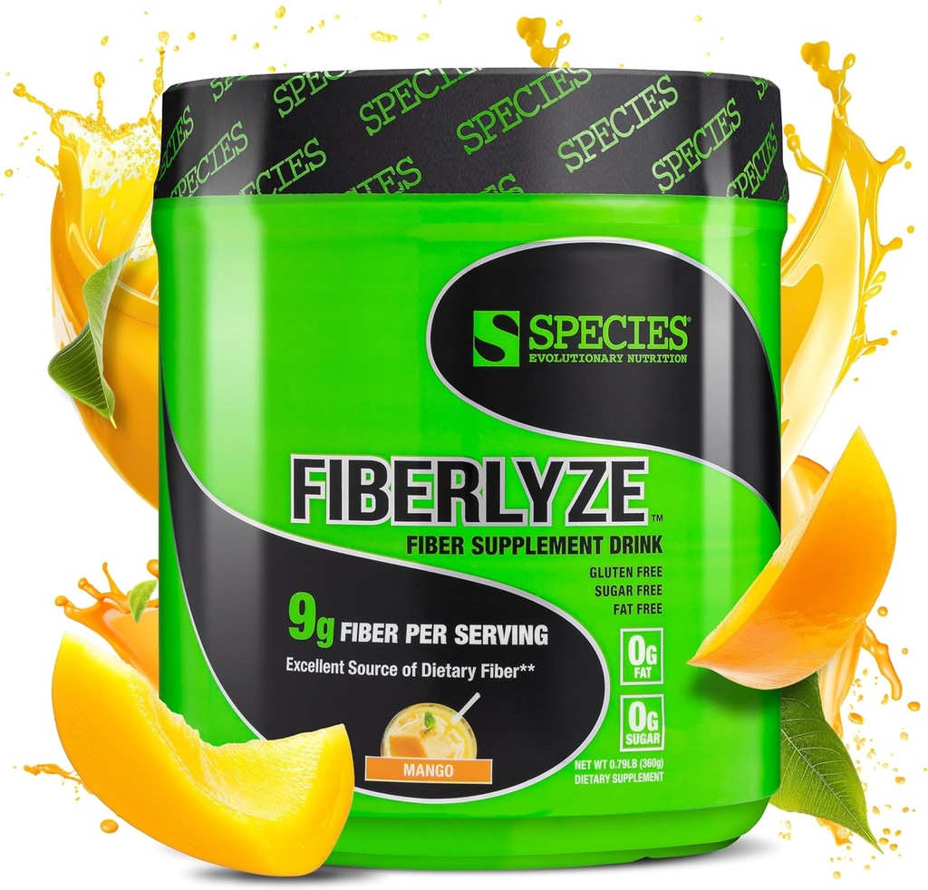 Species Nutrition Fiberlyze Fiber Supplement, Psyllium Based Soluble & Insoluble Fiber Powder for Healthy Colon, Digestive Functions (Mango, 30 Servings)