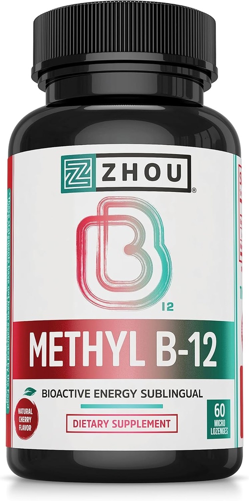 Zhou Methyl B12 - Methyl B-12 συμπλήρωμα για γυναίκες & άνδρες, βιταμίνη B12 5000 mcg, Vegan φιλικό, κυτταρική ενέργεια και νευρική λειτουργία υποστήριξης, methylcobalamin - 60 Micro Lozenges
