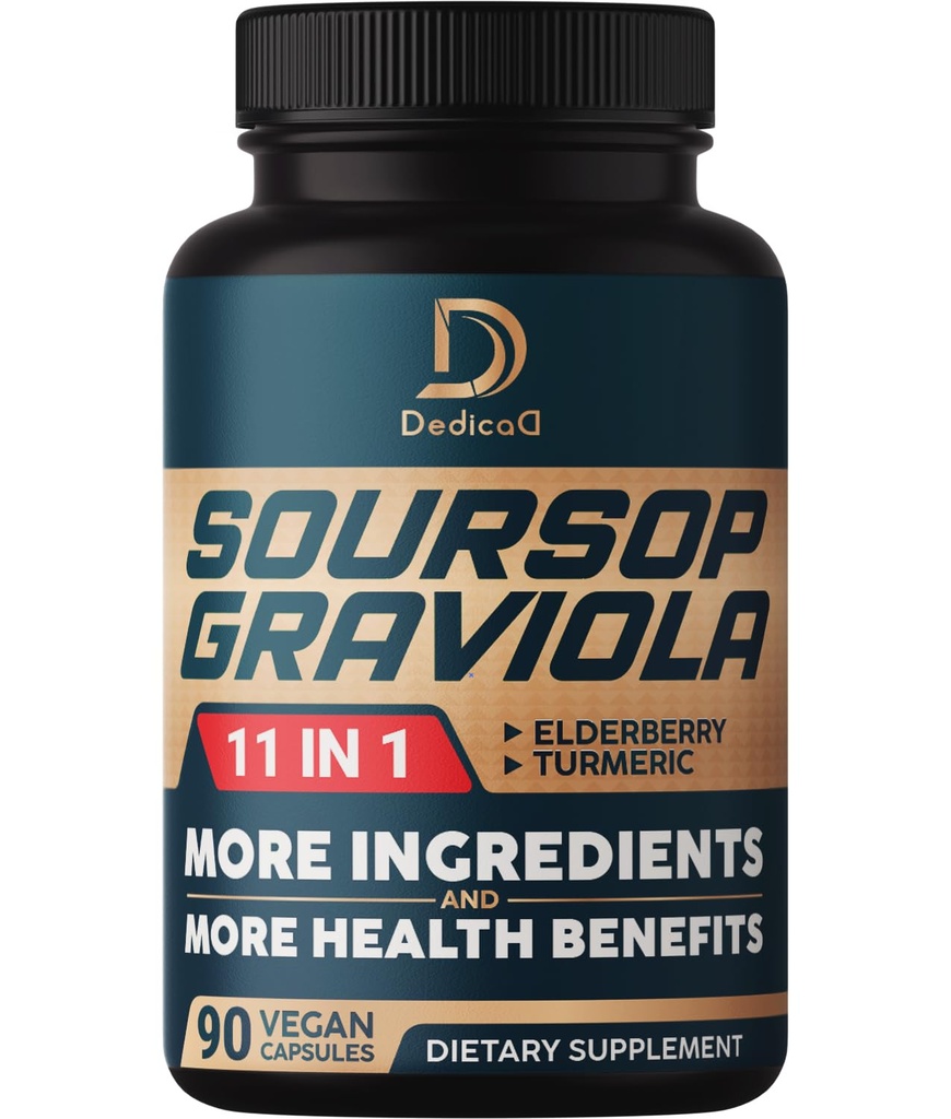 Κάψουλες Soursop Graviola - 3 Μήνες Προμήθεια - 9450mg ανά Σερβίρισμα - 11 Βότανα Elderberry, Κουρκουμίνη Turmeric, Ρίζα Τζίντζερ, Γαϊδουράγκαθο Γάλα - Mood, Mind, Body & Immune Support - 90 Κάψουλες Vegan