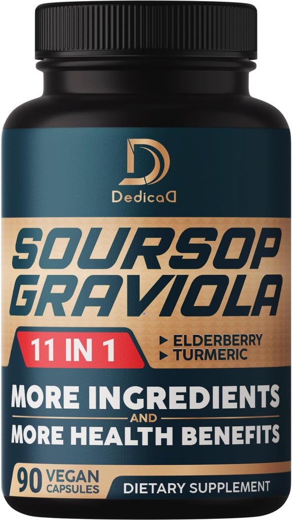 Soursop Graviola Capsules - 3 Ay Supply - 9450 mg In Service - 11 Herbs Elderberry, Turmeric Curcumin, Ginger Root, Milk Thistle - Mood, Mind, Body & Immune Support - 90 Vegan Capsules