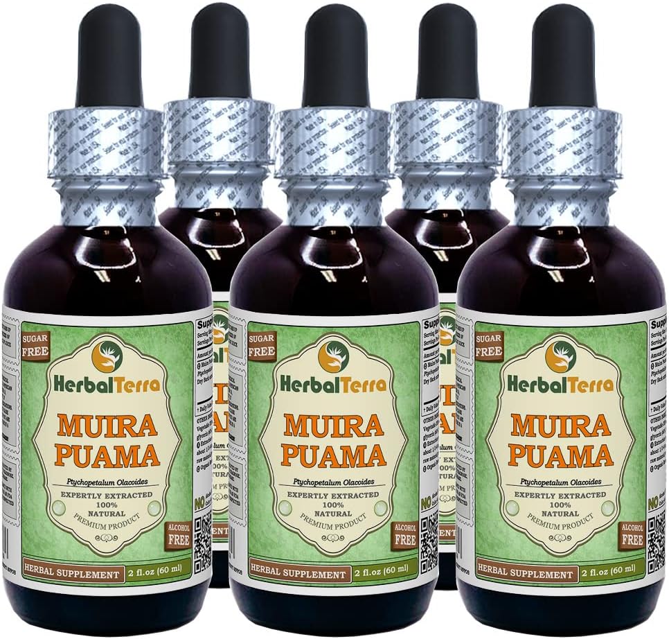 Muira Puama (Ptychopetalum Olacoides) Glycerite, Organik Alkol Özgür Sıvı Ekstraksiyon (Brand Name: HerbalTerra, Proudly Made in USA) 5x2 fl.oz (5x60 ml)