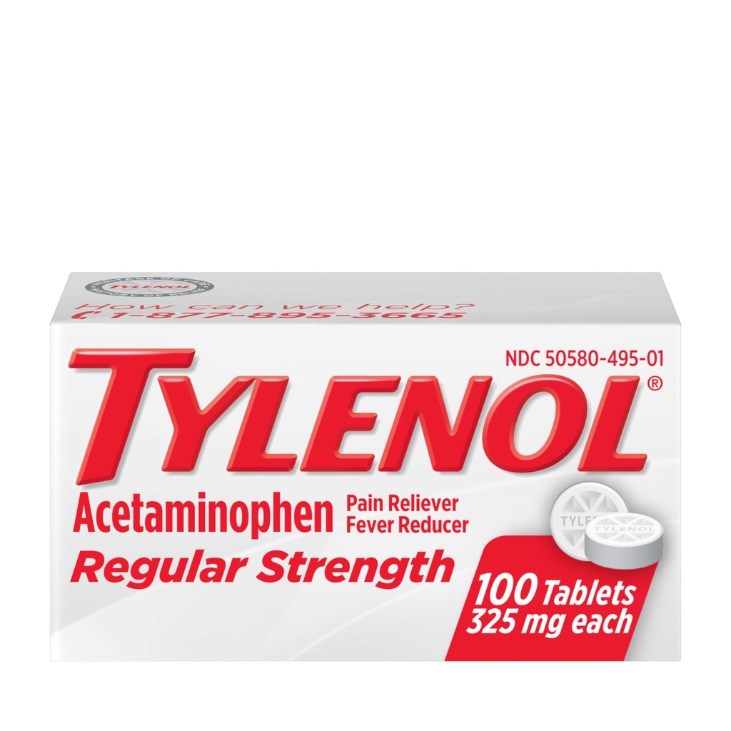Tylenol Regularισκία Τακτικής Δύναμης με 325 mg Acetaminophen, Fever Reducer & Pain Reliever για Κεφαλαλγία, Οσφυαλγία, μυϊκοί πόνοι, πόνοι αρθρώσεων & εμμηνορρυχεία, 100 ct