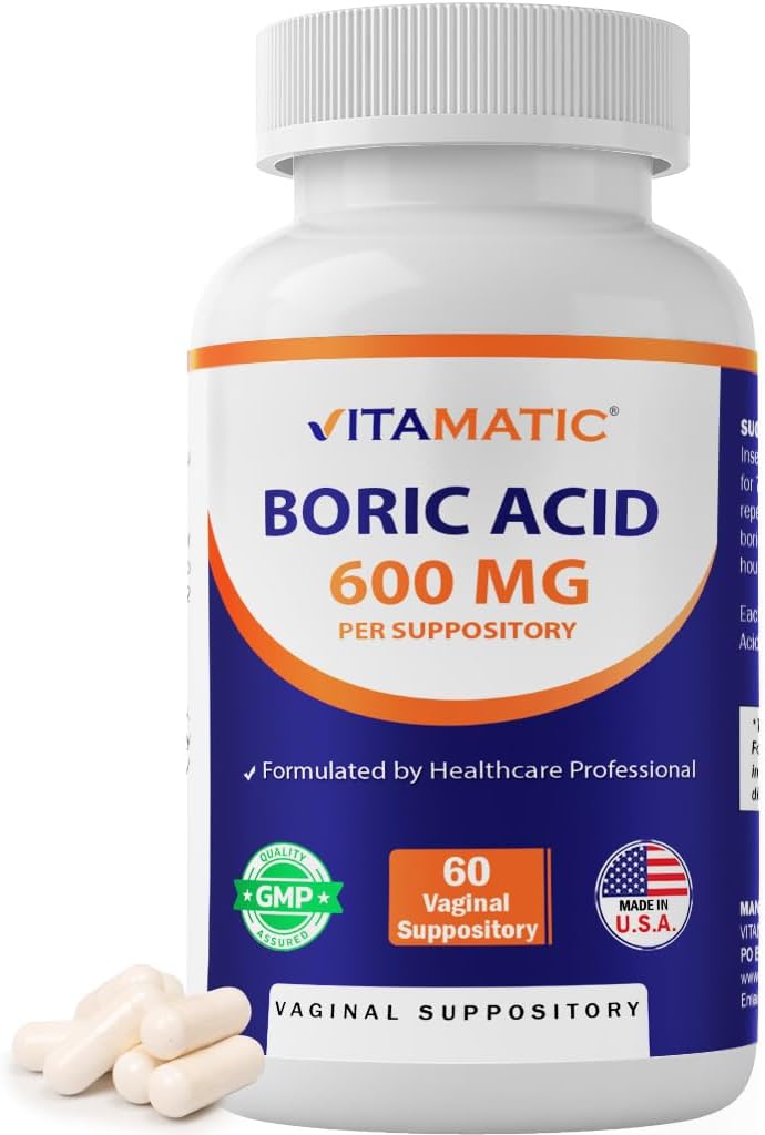 Vitamatic Boric Acid Vaginal Capsule Shell Suppositories 600 mg USP Grade Boric Acid in Vegetarian Capsule Shell - 60 Kont