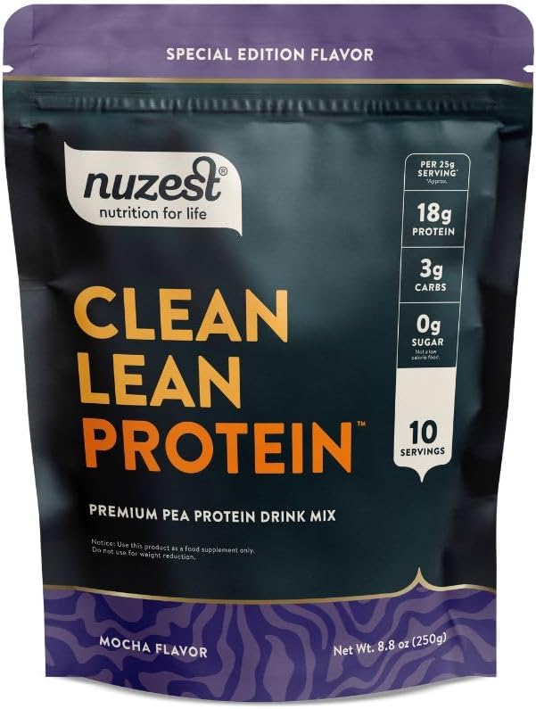 Nuzest - Pea Protein Toz - Temiz Lean protein, Premium Vegan Plant Temel Protein Toz, Süt Ücretsiz, Gluten Free, GMO Free Protein Shake, Mocha, 8.8 ozzz