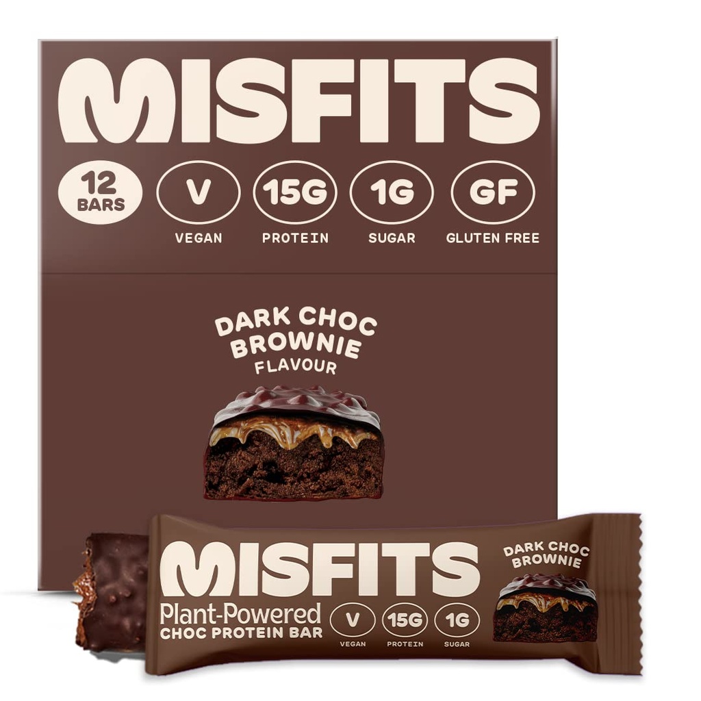 Misfits Vegan Protein Bars, Dark Chocolate Brownie - Original Recipe | Gluten Free, Plantive, Low Sugar & Carb, High Fiber Snacks | 12 Paket