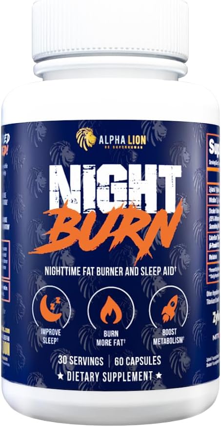 ALPHA LION Night Burn, Μεταβολισμός Booster για την απώλεια βάρους, λιγότερο λίπος σώματος, περισσότερος μυς, προωθεί το σώμα Lean, συμπλήρωμα καύσης θερμίδων, Χαλαρώστε καλύτερα, προωθήστε υγιή Cortisol (60 κάψουλες)