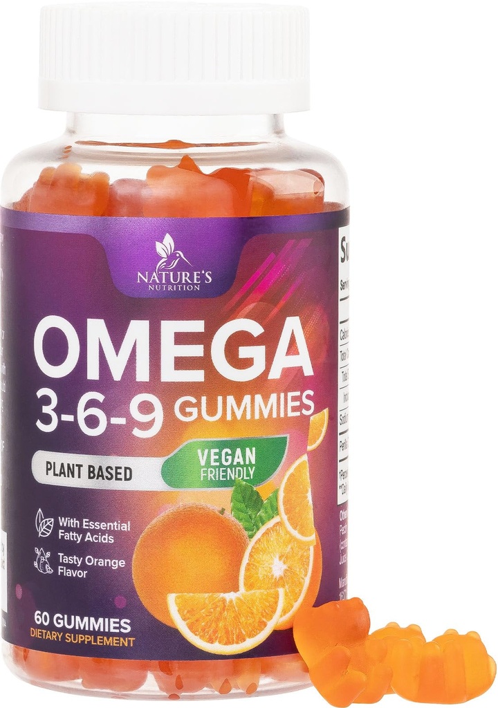 Omega 369 Gummies - Vegan Triple Omega 3 Supplement Gummy - Essential Fatty Acids Oil 3 6 9 Komplek Kalp Desteği ve Kadın, Erkekler ve Hamilelik, Balık Ücretsiz Non-GMO, Orange - 60 Gummies
