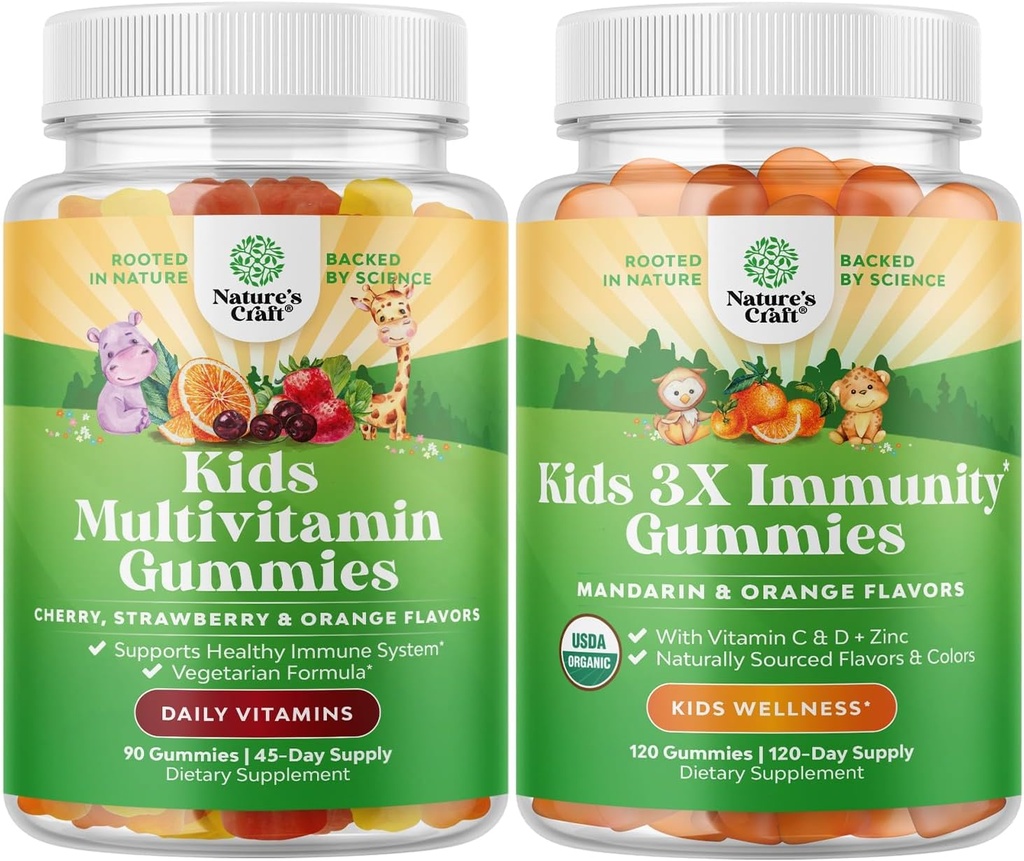 Παίδες με βάση το φυτό Multivitamin Gummies - με Βιταμίνες A, C, D3, E, B6 & B12, Ψευδάργυρος & Ιώδιο και Βιολογικά Παιδιά Ανοσοποιητική Υποστήριξη Gummies - Vegan Organic Vitamin D με Βιταμίνη C και Ψευδάργυρο