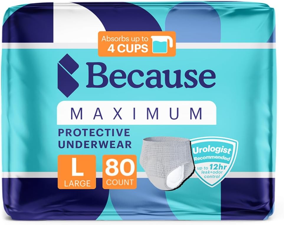 Because Maximum Incontinence Underwear for Men - Heavy Bladder Leak Protection, Ideal for Overnight Leakage, Sleek, Invisible Fit, Grey, Large - Absorbs 4 Cups - 80 Count (4 Packs of 20)