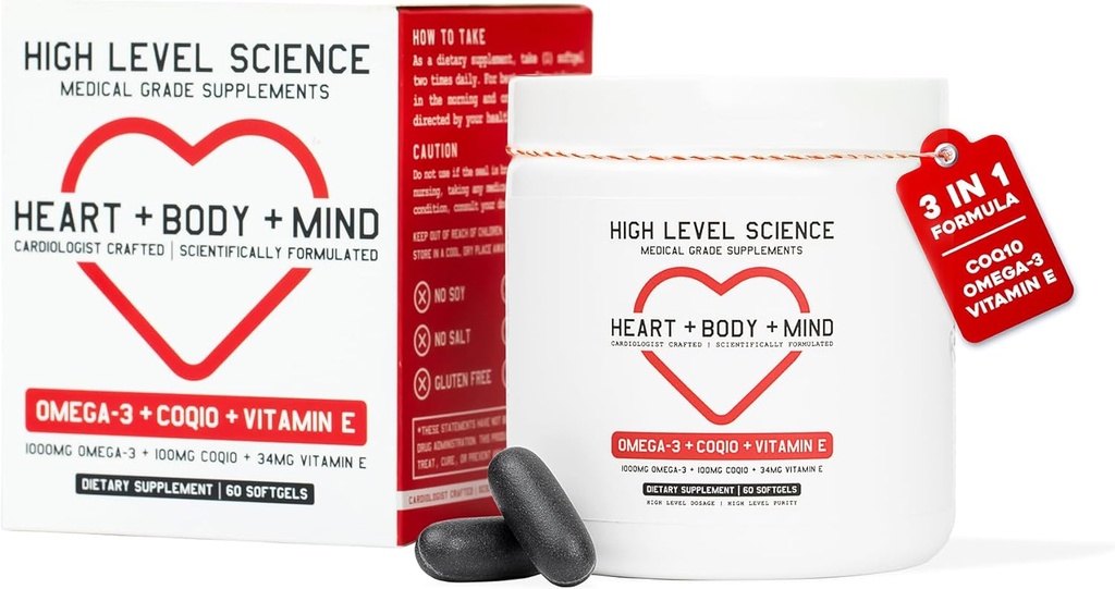 Yüksek Seviye Bilimi CoQ10, Omega-3, Vitamin E - Cardiolog Kalp + Vücut + Zihin Sağlığı DHA/EPA, Enerji Antioksi, Superior Bio kullanılabilir Balık Yağı - Gluten Free, 60 Softgels