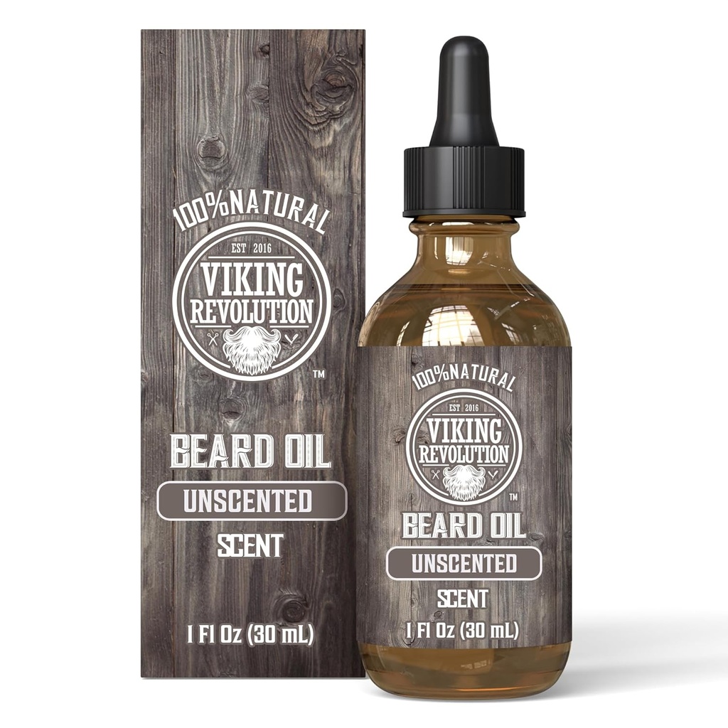 Viking Revolution Unscented Beard Oil for Men - Φυσικό Mens Beard Oil with Argan Oil and Jojoba Oil - Γενετικό Αποσκληρυντικό, Ενισχύει και Ενυδατώνει - Γενετικό Conditioner for Men (Αρωματισμένο, 1 Pack)