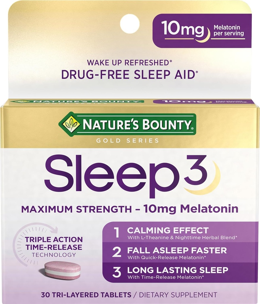 Nature's Bounty Melatonin, Sleep3 En Güçlü 100% Uyuşturucu Ücretsiz Uyku Yardımı, L-Theanine & Nighttime Herbal Mix Time Release Technology, 10 mg, 30 Tri-Layered Tabletler