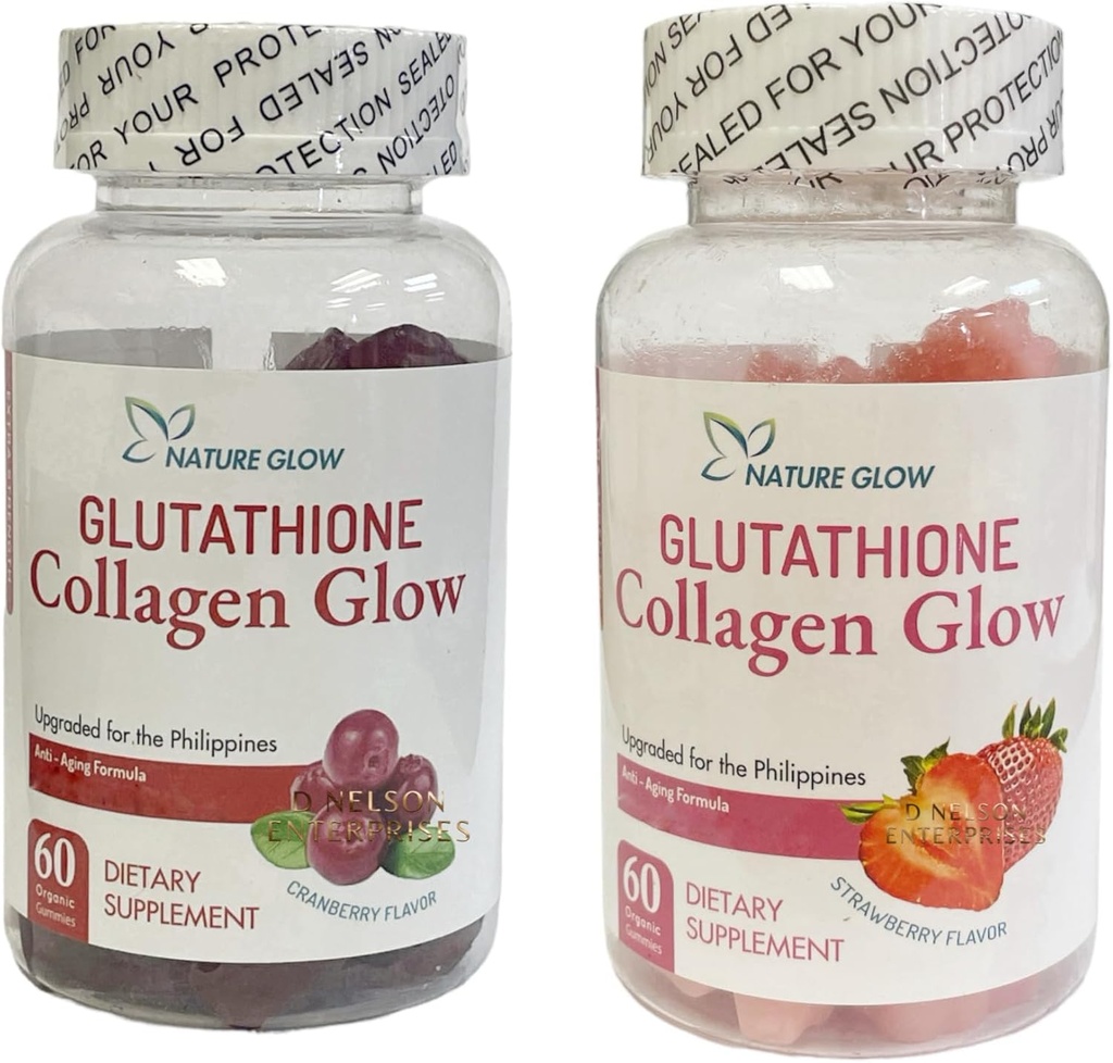 Nature Glow Glutathione Collagen Glow, 60 Organic Chewable Gummies (Strawberry (1Bottle) & Cranberry (1 Bottle))