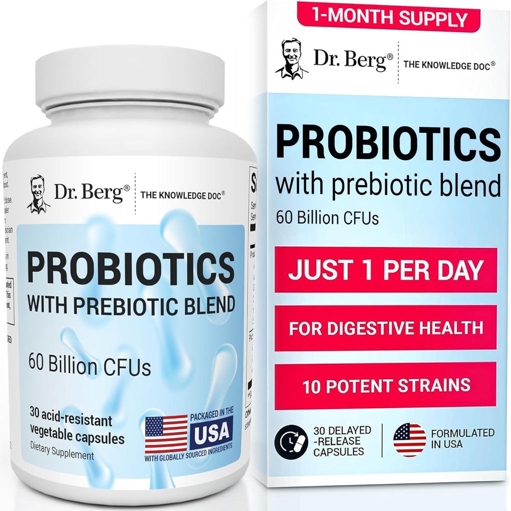 Dr. Berg Probiotic Supplement (60 δισεκατομμύρια CFUs) - Βοηθά στην διευκόλυνση της περιστασιακής δυσκοιλιότητας, Διάρροια, Αέριο & Αίμα* - Pre and Probiotics for Digestive Health - 30 Probiotic Capsles