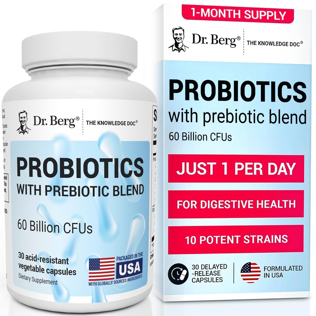 Dr. Berg Probiyotik Supplement (60 Milyar CFUs) - Ease Occasional Constipation, Diarrhea, Gas & Bloating* - Pre and Probiyotiks for Digestive Health - 30 Probiyotik Capsules
