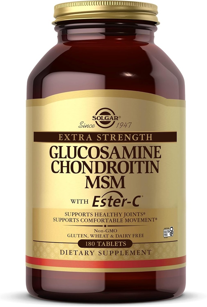 Solgar Extra Strength Glucosamine Chondroitin MSM w/ Ester-C, 180 Tablets - Προάγει υγιεινές αρθρώσεις, Υποστηρίζει Άνετα Σχηματισμός Κινήσεων & Κολλαγόνου - Μη ΓΤΟ, Γλουτένη Όχι, Γαλακτοκομικά Αρ. - 60 Υπηρεσίες