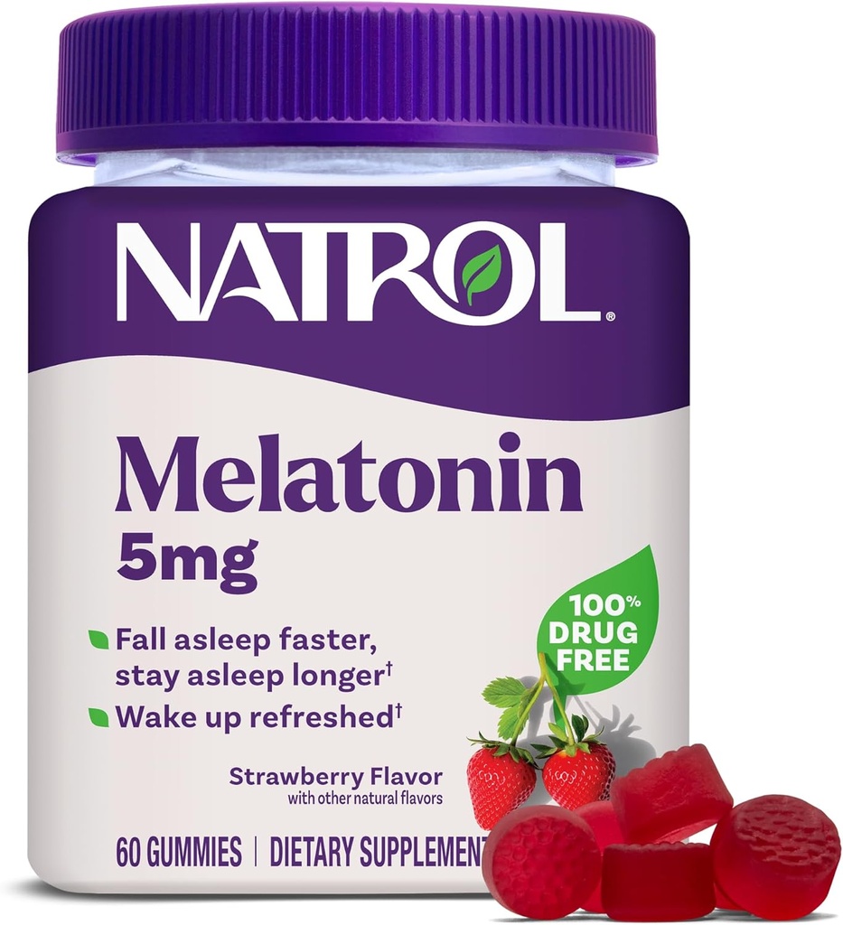 Natrol Melatonin Gummies, Sleep Support, 60 Strawberry-Flavored Adult Melatonin Gummies, 5 mg Sleep Aids for Yetişkinler