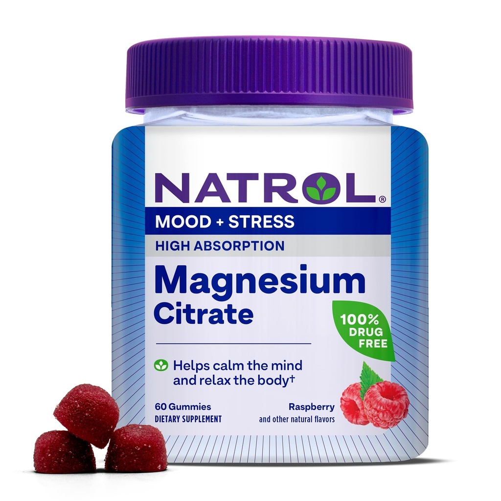 Natrol Magnezyum Citrate, High Abxia Supplement for Mood and Stress, Helps Calm The Mind and Relax The Body, 60 Raspberry-Flavored Gummies, Up to a 30 Day Supply Magnezyum