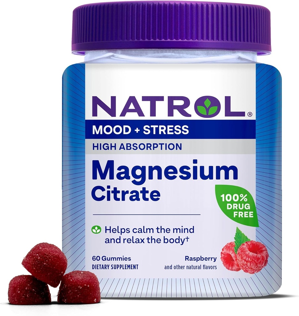Natrol Magnezyum Citrate, High Abxia Supplement for Mood and Stress, Helps Calm The Mind and Relax The Body, 60 Raspberry-Flavored Gummies, Up to a 30 Day Supply Magnezyum