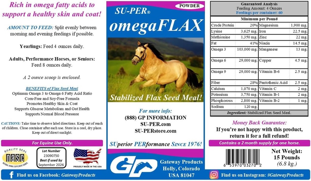 SU-PER OmegaFLAX Flax for Horses - Premium Σταθεροποιημένο Φλάξ Σπόροι & Ωμέγα 3 συμπλήρωμα - Υποστηρίζει υγιή δέρμα & παλτό - 15 Λίρες