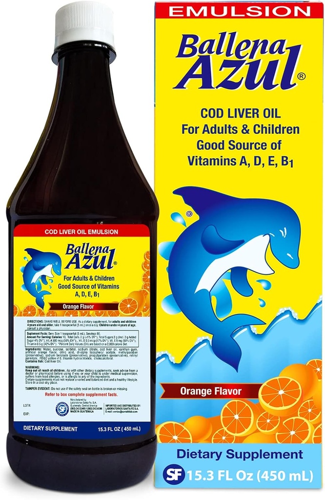 Ballena Azul Aceite de Hígado de Bacalao para Yetişkinos y Niños, yetişkinler ve Çocuklar için COD Liver Petrol, Vitaminlerin İyi Kaynağı A,D,E, B1, Diyet Tamam, Omega 3, Inmune System Boost (ORANGE 15 OZ)