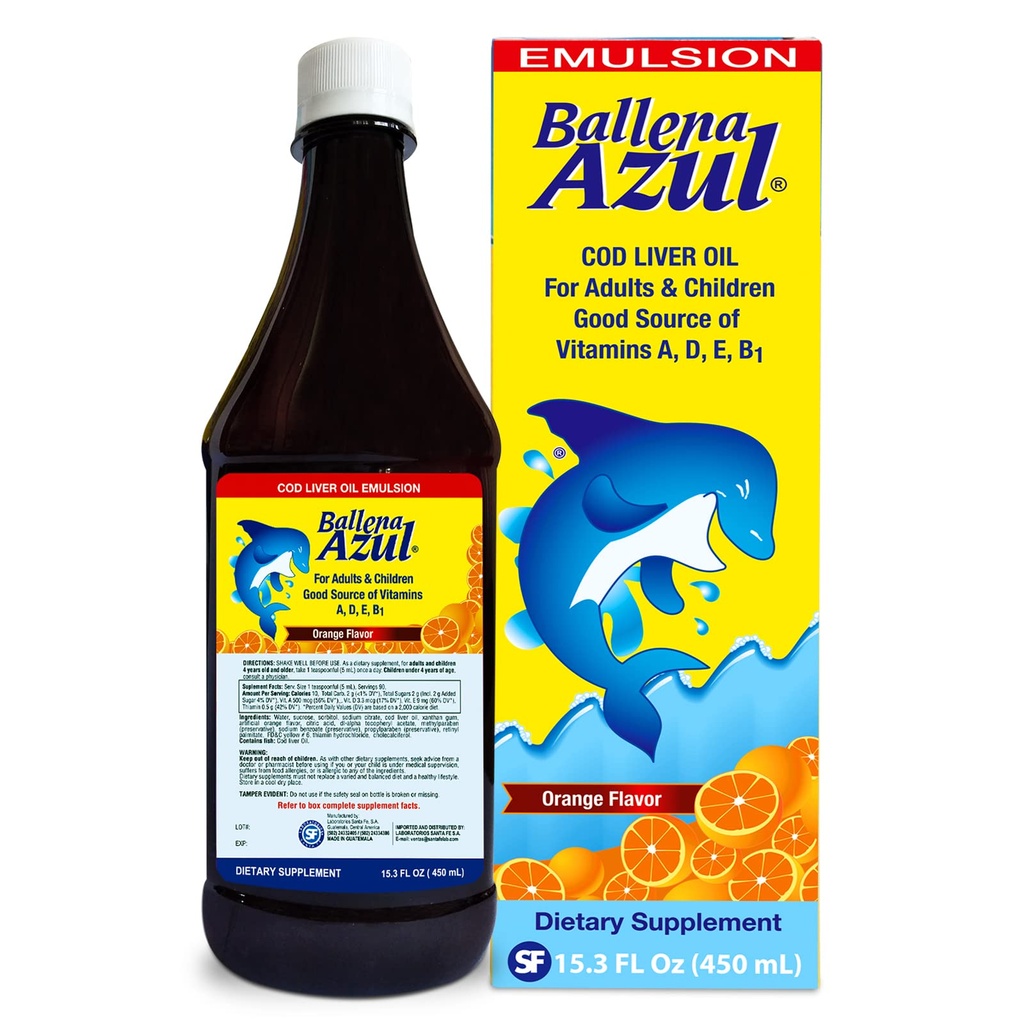 Ballena Azul Aceite de Hígado de Bacalao para Yetişkinos y Niños, yetişkinler ve Çocuklar için COD Liver Petrol, Vitaminlerin İyi Kaynağı A,D,E, B1, Diyet Tamam, Omega 3, Inmune System Boost (ORANGE 15 OZ)