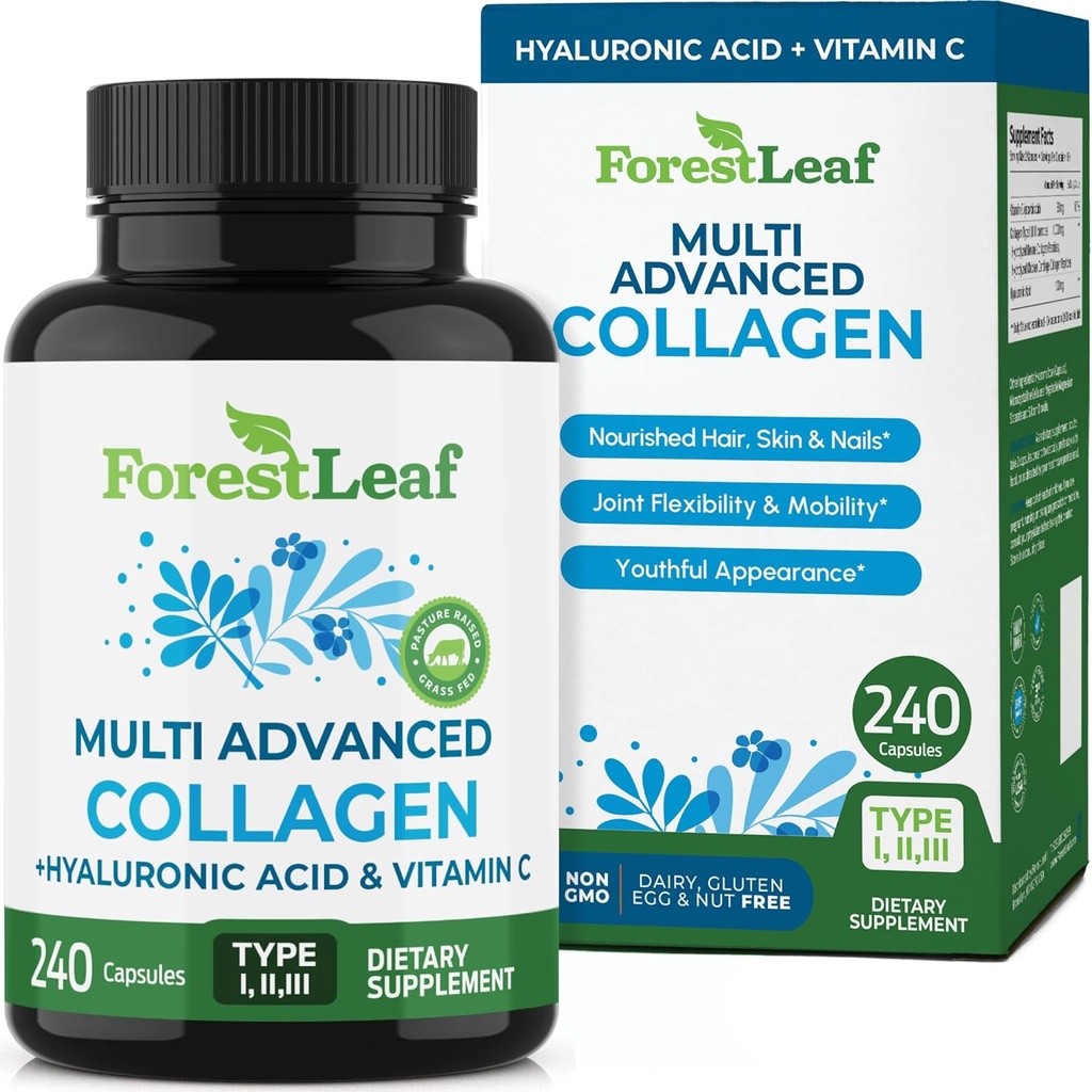 ForestLeaf Multi Collagen Pills - Collagen Men & Collagen Women - Υδρολυμένα Συμπληρώματα Κολλαγόνου με Βιταμίνη C & Υαλουρονικό Οξύ - Καψάκια Κολλαγόνου για Μαλλιά, Δέρμα & Καρφιά (240 Peptide Capsules)
