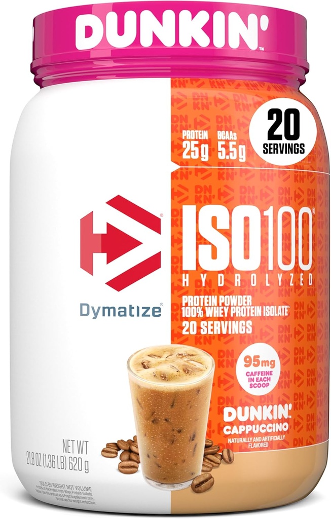 Dymatize x Dunkin' Cappuccino ISO100 Whey Protein Powder, 95mg Caffeine, 25g Protein5.5g BCAAs, 120 Cal., Χωρίς γλουτένη, 1g Λίπος, 1g Ζάχαρη, 2g Carb (20 μερίδες)