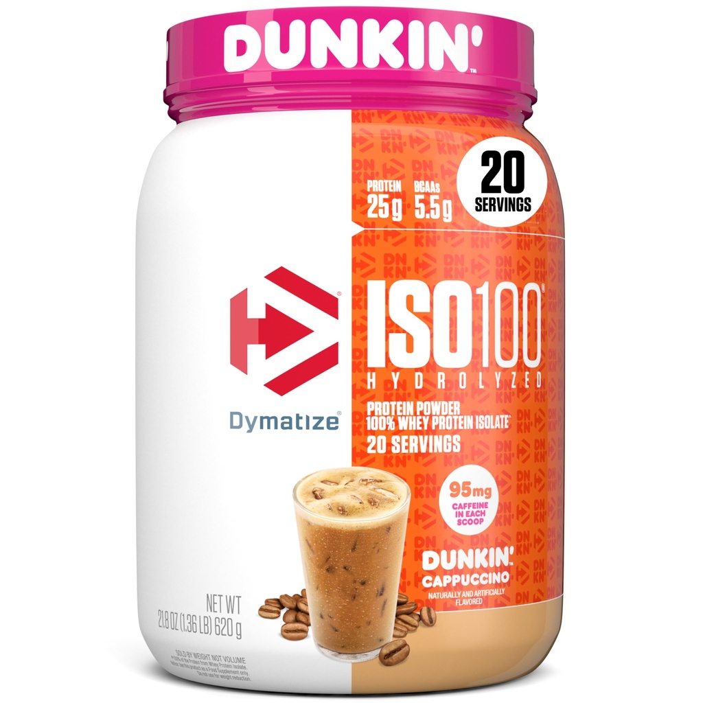 Dymatize x Dunkin' Cappuccino ISO100 Whey Protein Powder, 95mg Caffeine, 25g Protein5.5g BCAAs, 120 Cal., Χωρίς γλουτένη, 1g Λίπος, 1g Ζάχαρη, 2g Carb (20 μερίδες)