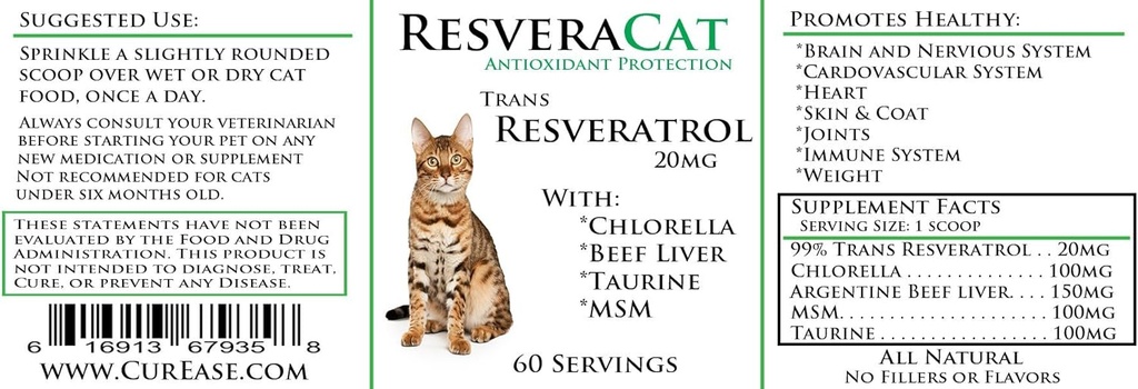 ResveraCat Anti Aging Cat Formula% 99 Trans Resveratrol Toz, MSM, Taurin, Chlorella, Beef Liver