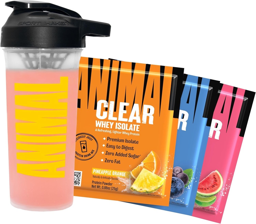 Animal Clear Whey Protein Isolate Numune Paketi & Shaker Şişe - Lezzetli Juicy 20g Protein, Sumelon Limeade, Blueberry Acai, Pineapple Orange, 3 Single-Serving Packets