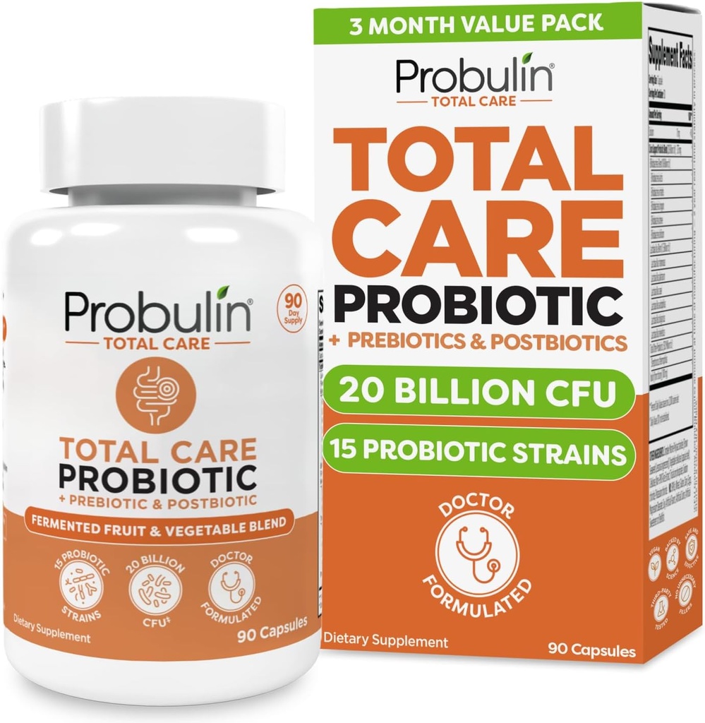 Probulin Total Care Probiyotik Supplement, Daily Gut, Digestive ve Immune Health Probiyotiks Capsules for Men and Women, 20 Milyar CFU, Vegan, 90 Count Şişe
