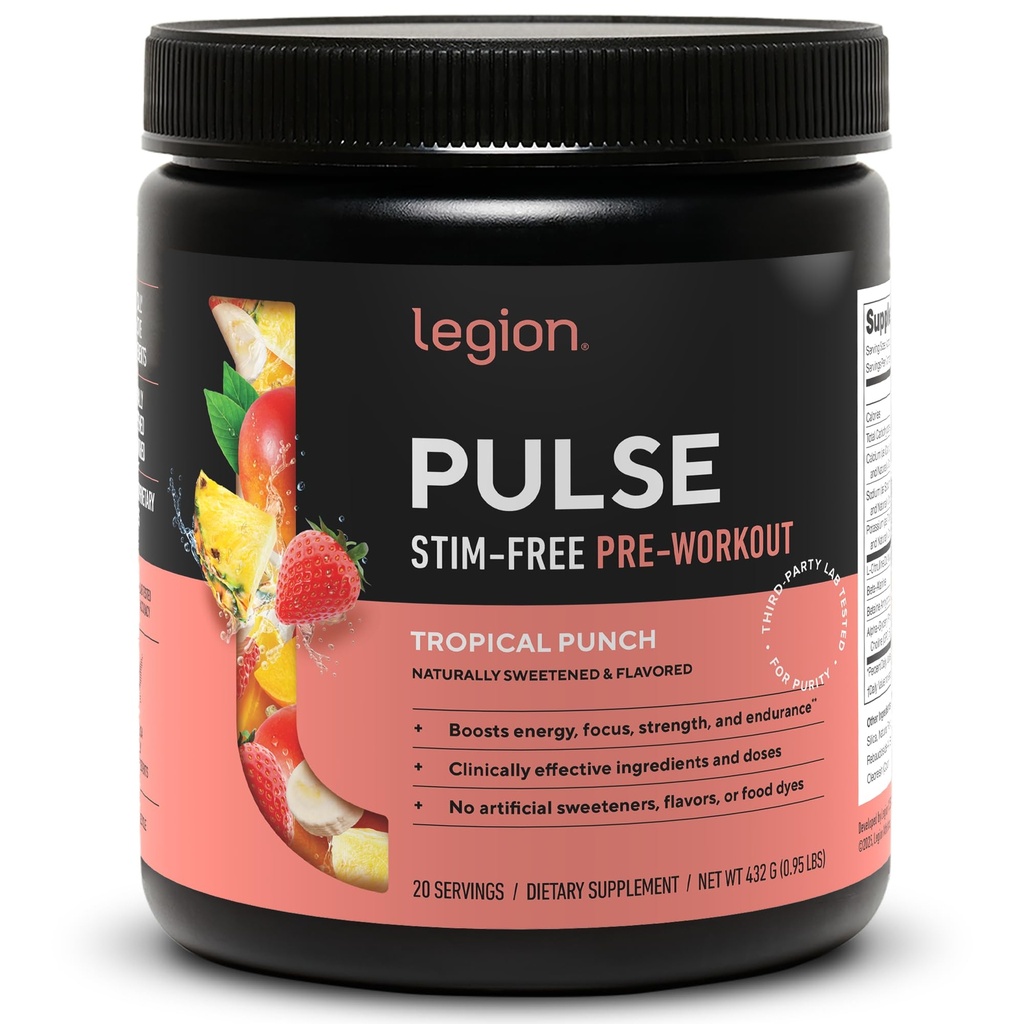 LEGION Pulse Pre Workout Supplement - All Natural Nitric Physics Preworkout Drink to Boost Energy, Kretine Free, Doğal olarak Sweetized, Beta Alanine, Citrulline, Alpha GPC (Caffeine Free Tropikal Punch)