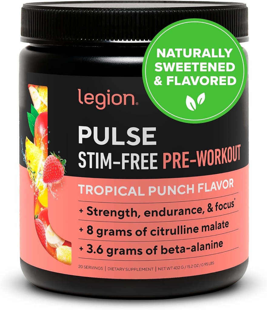LEGION Pulse Pre Workout Supplement - All Natural Nitric Physics Preworkout Drink to Boost Energy, Kretine Free, Doğal olarak Sweetized, Beta Alanine, Citrulline, Alpha GPC (Caffeine Free Tropikal Punch)
